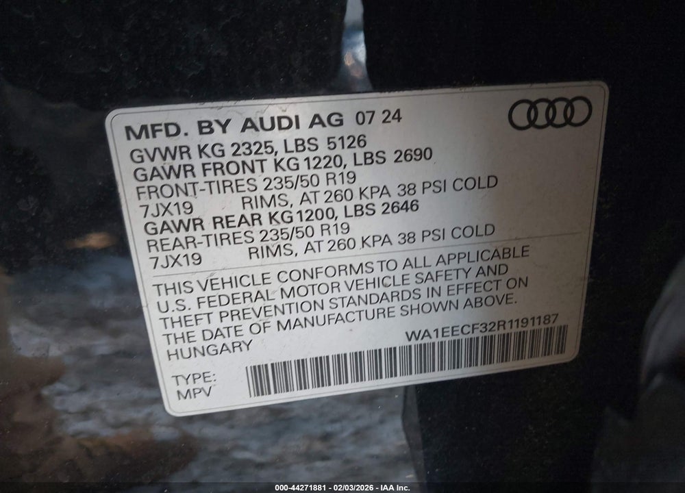 2024 AUDI Q3 PREMIUM PLUS 45 TFSI S LINE QUATTRO TIPTRONIC VIN: WA1EECF32R1191187