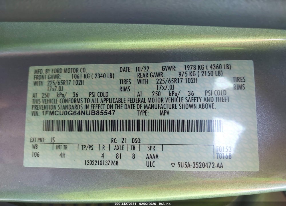 2022 FORD ESCAPE SE VIN: 1FMCU0G64NUB85547