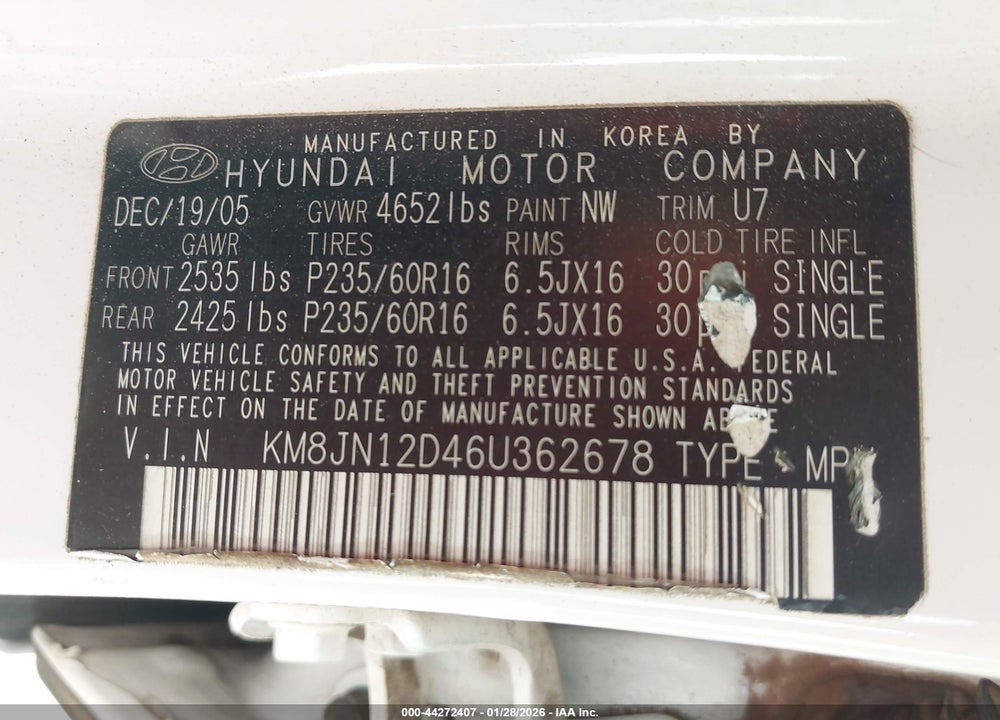 2006 HYUNDAI TUCSON GLS/LIMITED VIN: KM8JN12D46U362678