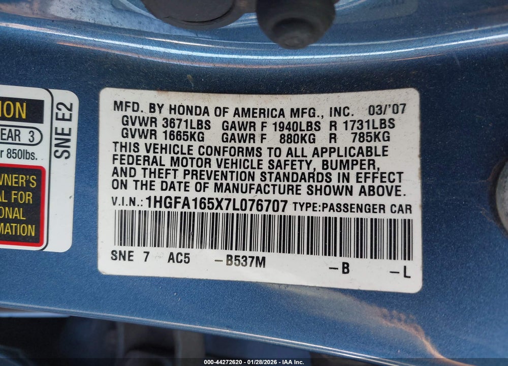 2007 HONDA CIVIC LX VIN: 1HGFA165X7L076707