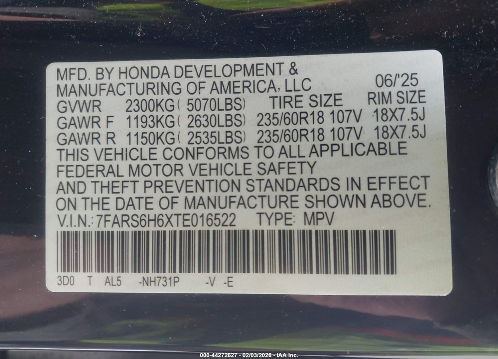 2026 HONDA CR-V HYBRID AWD TRAILSPORT VIN: 7FARS6H6XTE016522