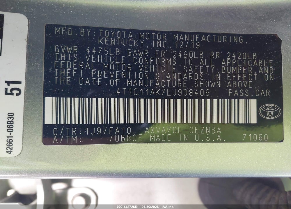 2020 TOYOTA CAMRY LE VIN: 4T1C11AK7LU908406