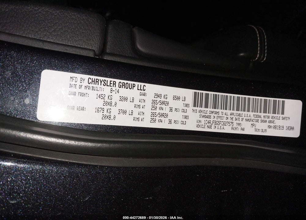 2015 JEEP GRAND CHEROKEE LIMITED VIN: 1C4RJFBG5FC627575