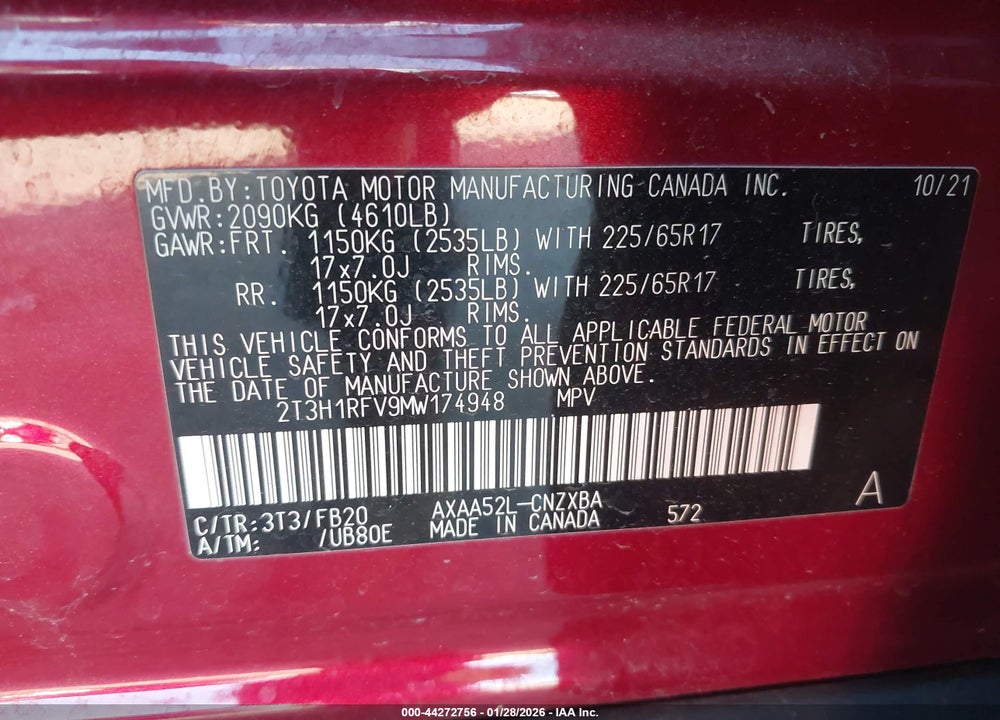 2021 TOYOTA RAV4 LE VIN: 2T3H1RFV9MW174948