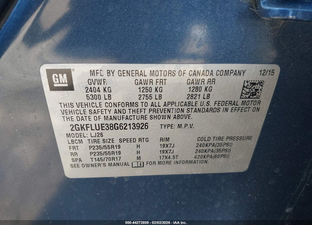 2016 GMC TERRAIN SLT VIN: 2GKFLUE38G6213926