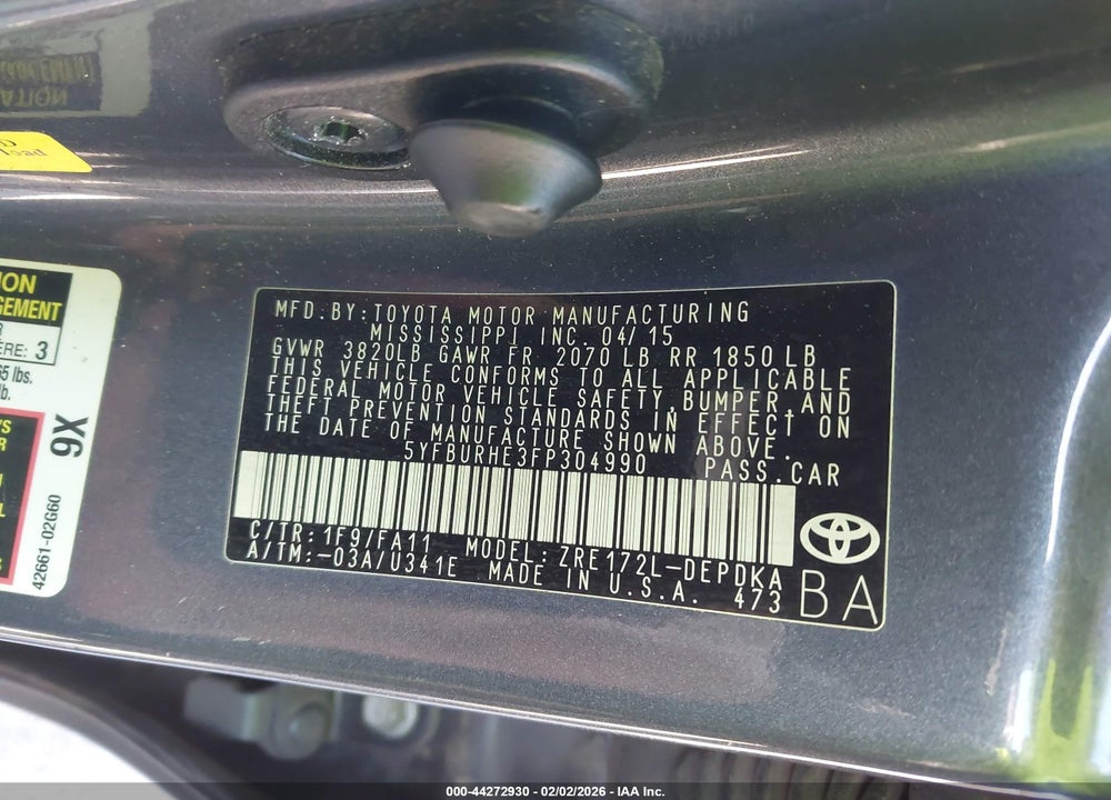 2015 TOYOTA COROLLA L VIN: 5YFBURHE3FP304990