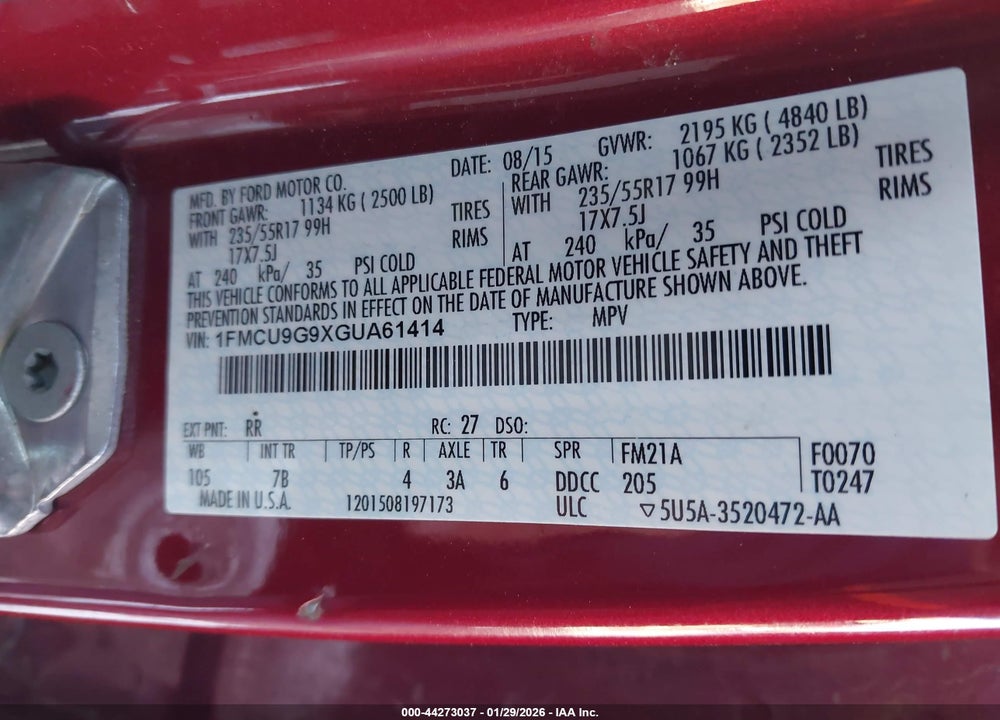 2016 FORD ESCAPE SE VIN: 1FMCU9G9XGUA61414