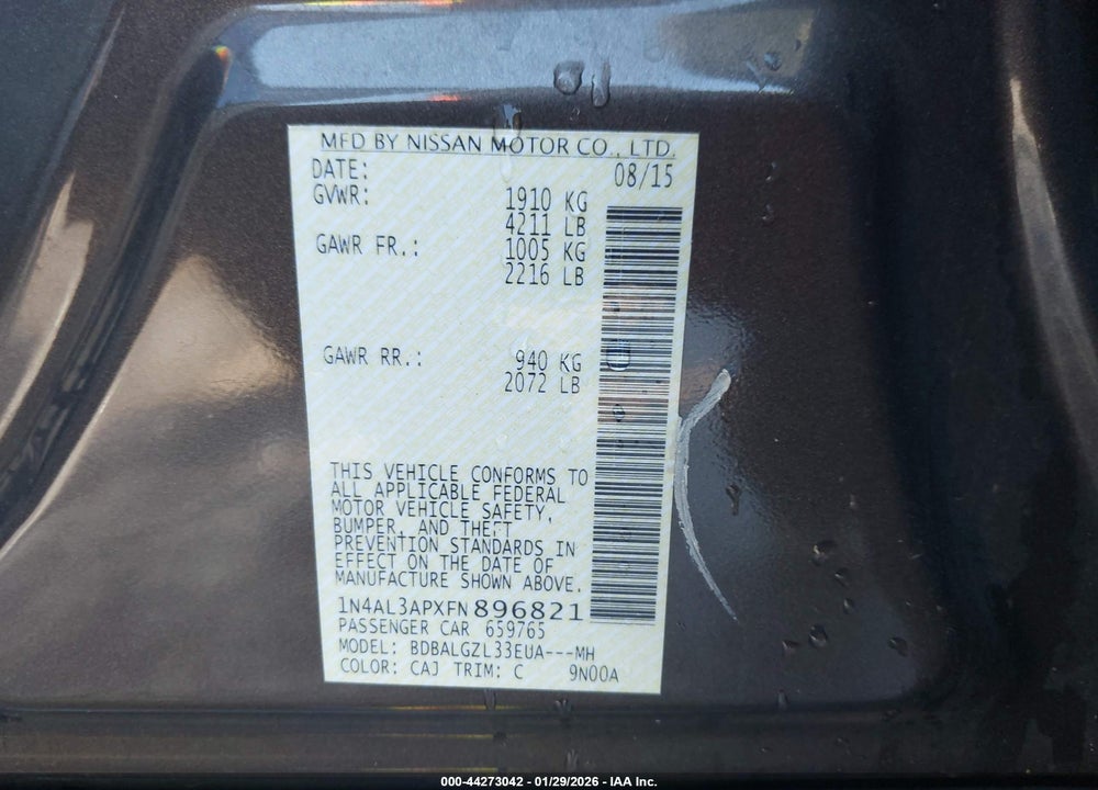 2015 NISSAN ALTIMA 2.5 S VIN: 1N4AL3APXFN896821