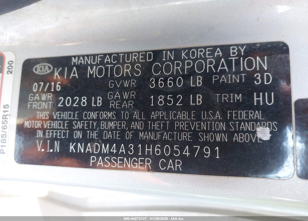 2017 KIA RIO LX VIN: KNADM4A31H6054791