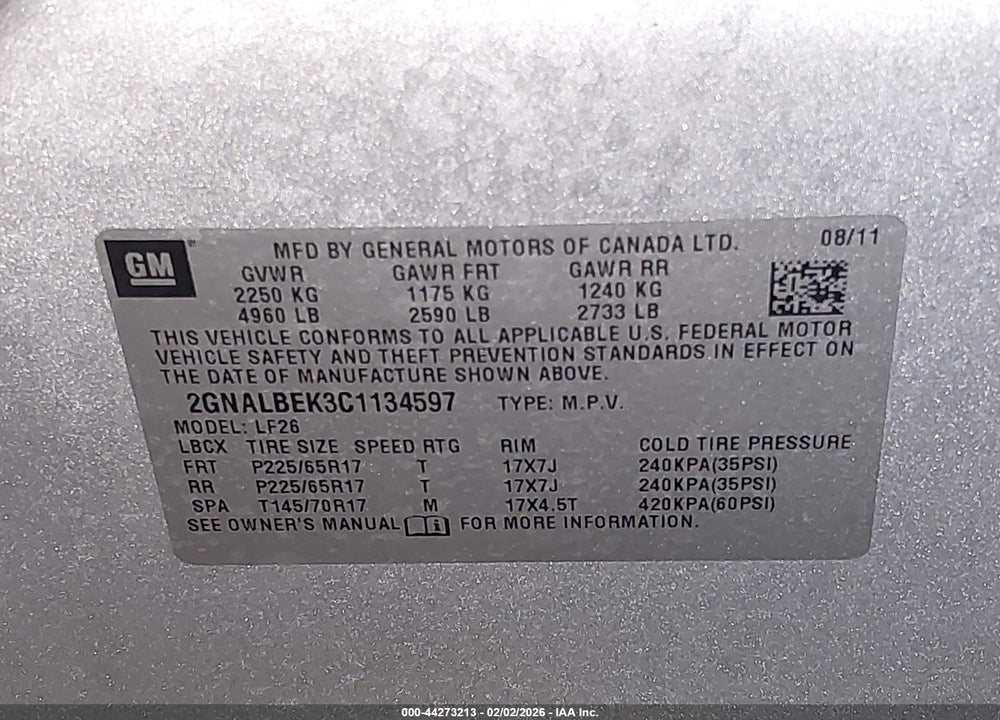 2012 CHEVROLET EQUINOX LS VIN: 2GNALBEK3C1134597