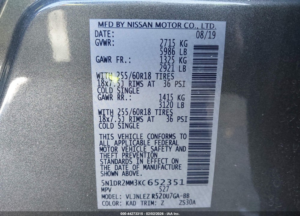 2019 NISSAN PATHFINDER SV VIN: 5N1DR2MM3KC652351
