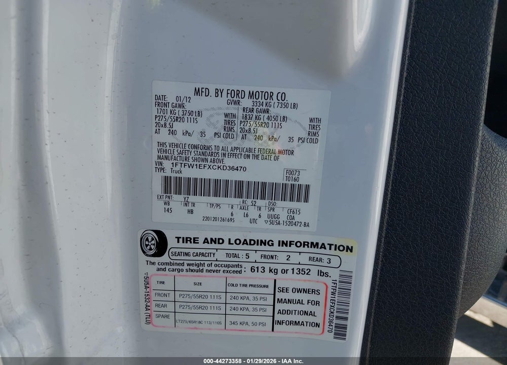 2012 FORD F-150 LARIAT VIN: 1FTFW1EFXCKD36470