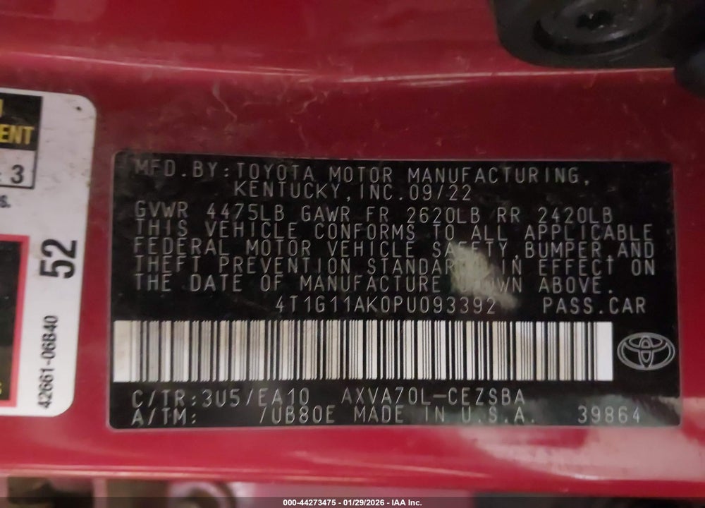 2023 TOYOTA CAMRY SE VIN: 4T1G11AK0PU093392