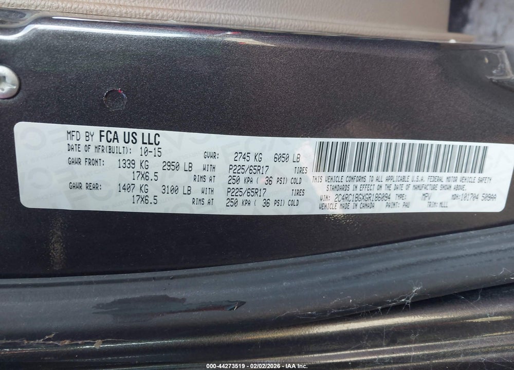 2016 CHRYSLER TOWN & COUNTRY TOURING VIN: 2C4RC1BGXGR186094