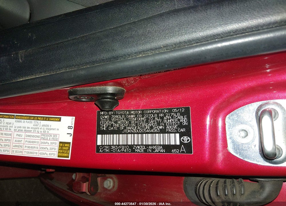 2012 TOYOTA PRIUS TWO VIN: JTDKN3DU2C5464083
