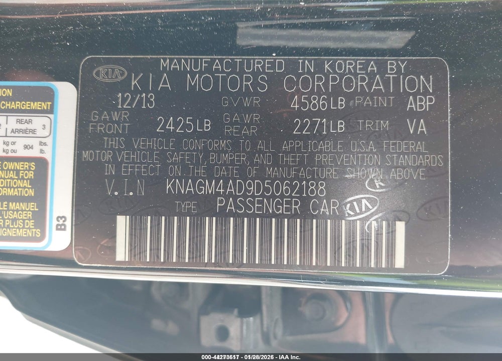 2013 KIA OPTIMA HYBRID LX VIN: KNAGM4AD9D5062188