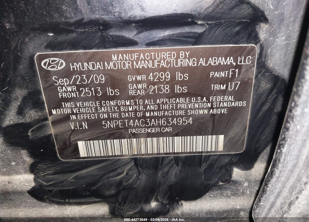 2010 HYUNDAI SONATA GLS VIN: 5NPET4AC3AH634954
