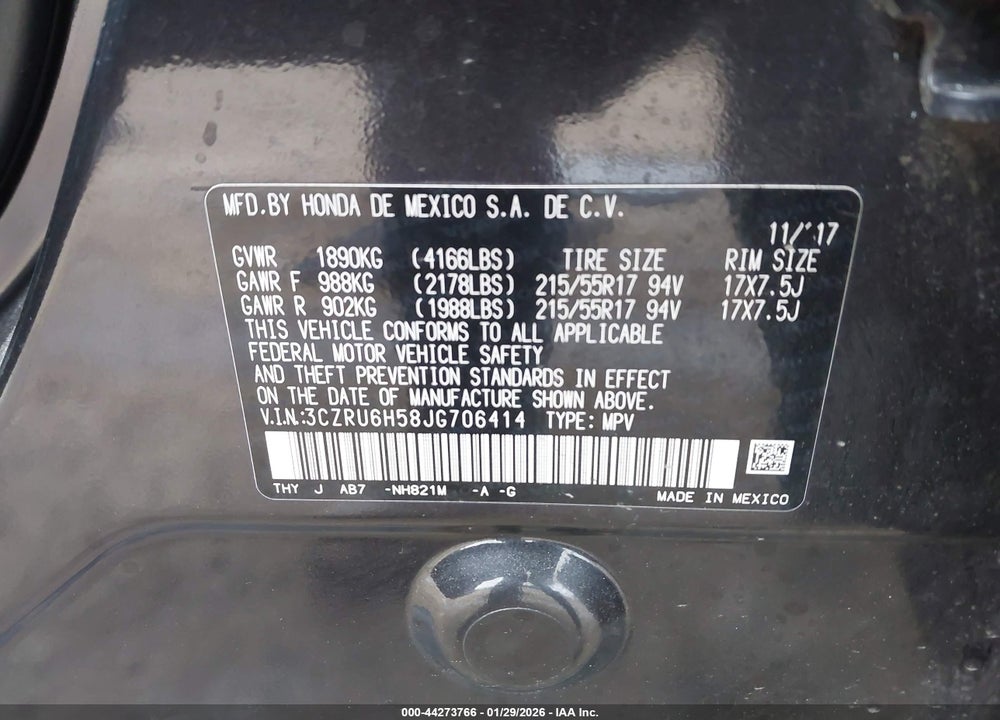 2018 HONDA HR-V EX VIN: 3CZRU6H58JG706414