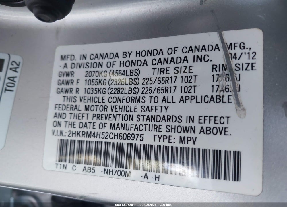 2012 HONDA CR-V EX VIN: 2HKRM4H52CH606975