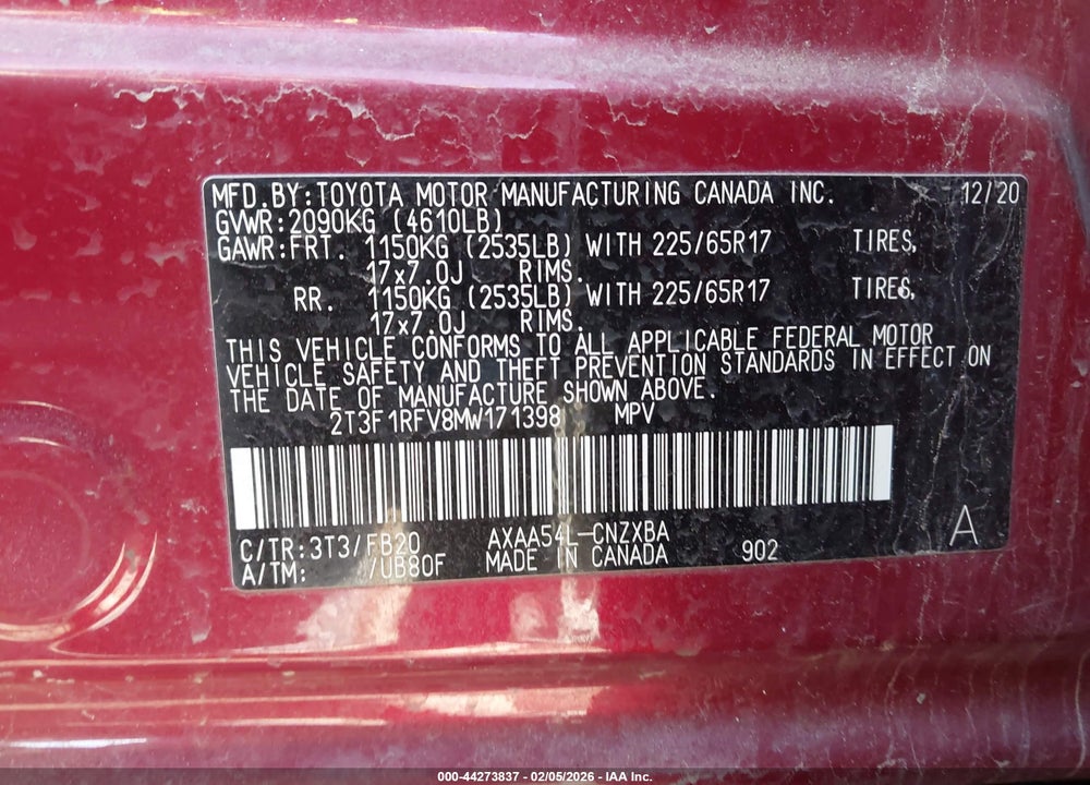 2021 TOYOTA RAV4 LE VIN: 2T3F1RFV8MW171398