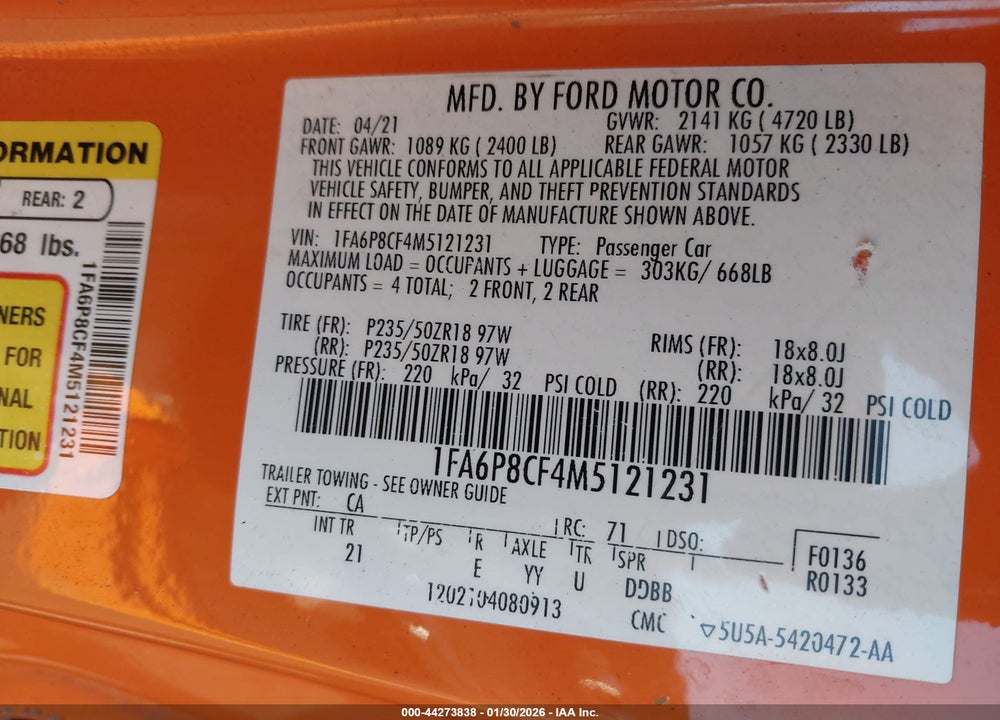 2021 FORD MUSTANG GT FASTBACK VIN: 1FA6P8CF4M5121231