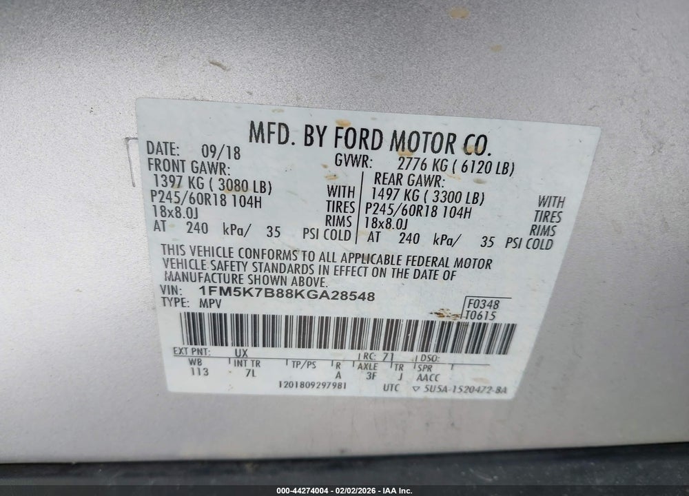 2019 FORD EXPLORER VIN: 1FM5K7B88KGA28548