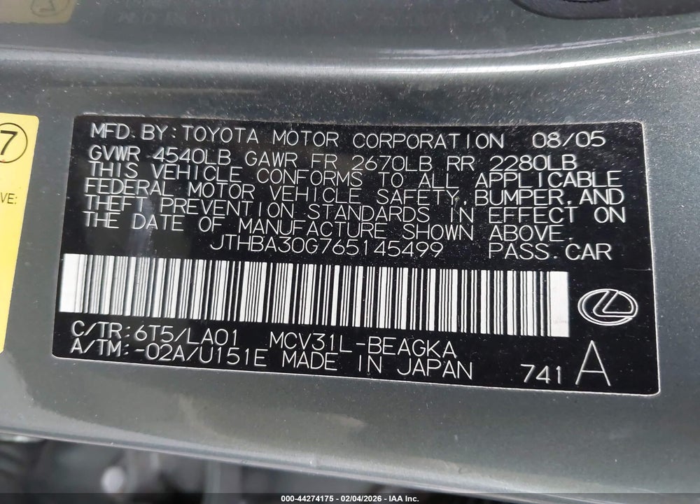 2006 LEXUS ES 330 VIN: JTHBA30G765145499