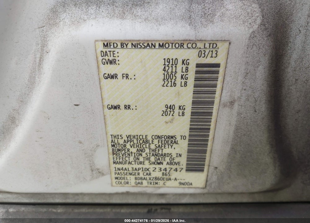 2013 NISSAN ALTIMA 2.5 SL VIN: 1N4AL3AP1DC234747