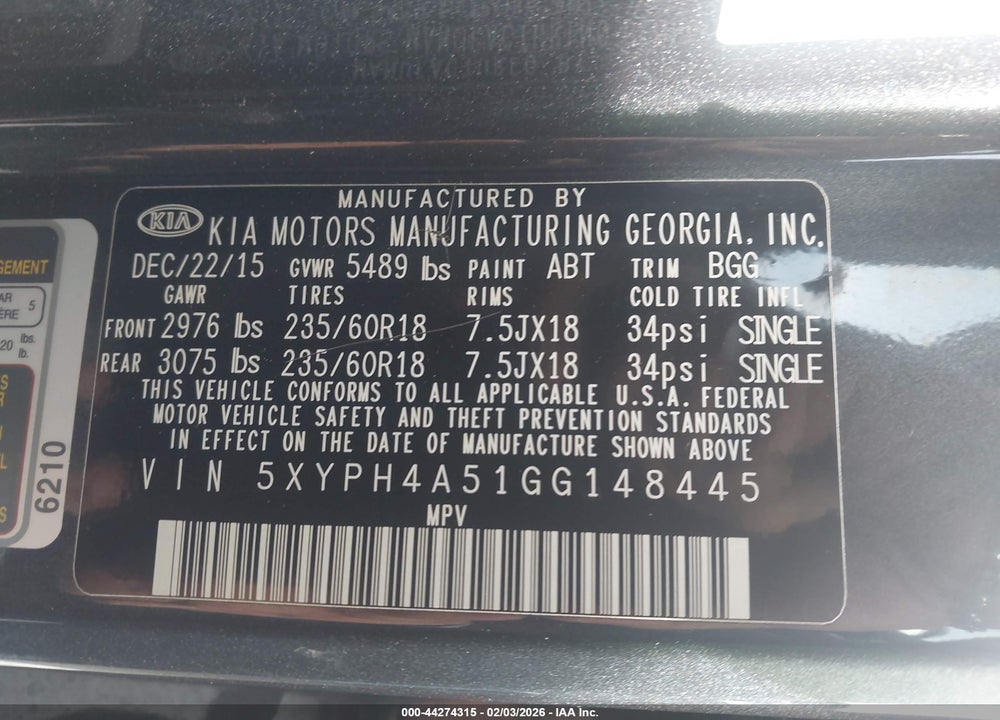 2016 KIA SORENTO 3.3L EX VIN: 5XYPH4A51GG148445