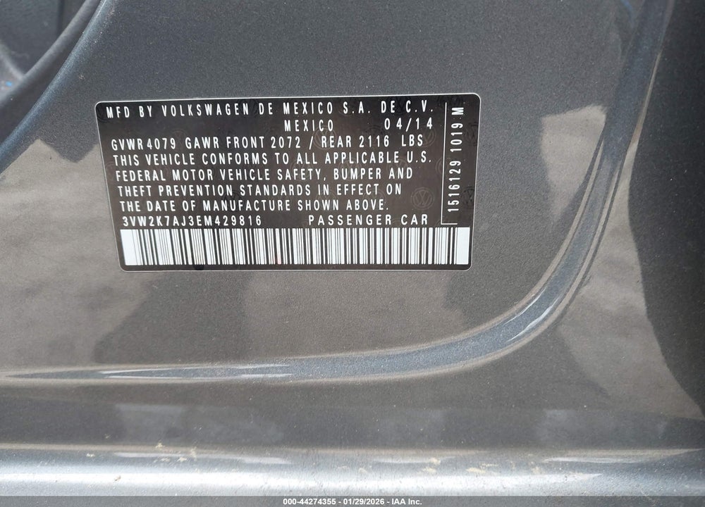2014 VOLKSWAGEN JETTA 2.0L S VIN: 3VW2K7AJ3EM429816