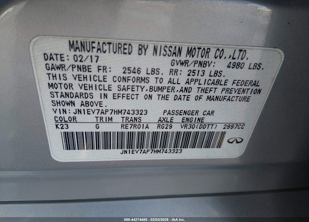 2017 INFINITI Q50 3.0T SIGNATURE EDITION VIN: JN1EV7AP7HM743323