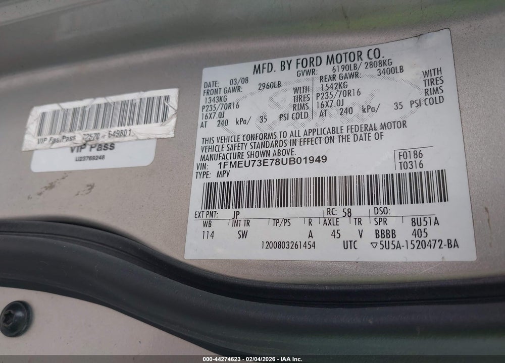 2008 FORD EXPLORER XLT VIN: 1FMEU73E78UB01949