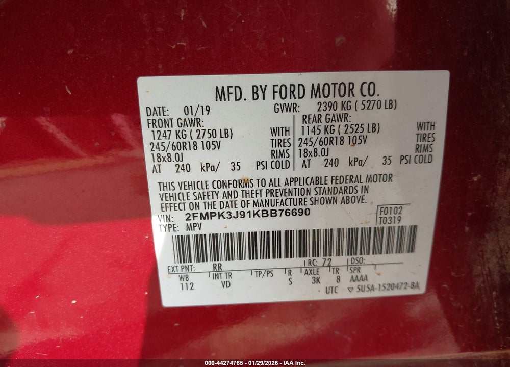 2019 FORD EDGE SEL VIN: 2FMPK3J91KBB76690