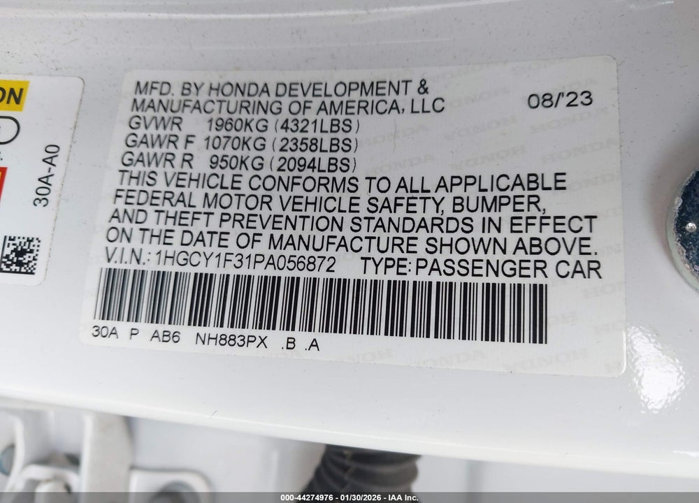 2023 HONDA ACCORD EX VIN: 1HGCY1F31PA056872