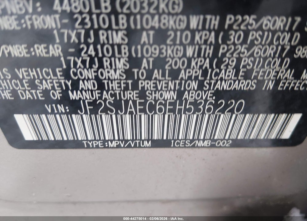 2014 SUBARU FORESTER 2.5I PREMIUM VIN: JF2SJAEC6EH536220