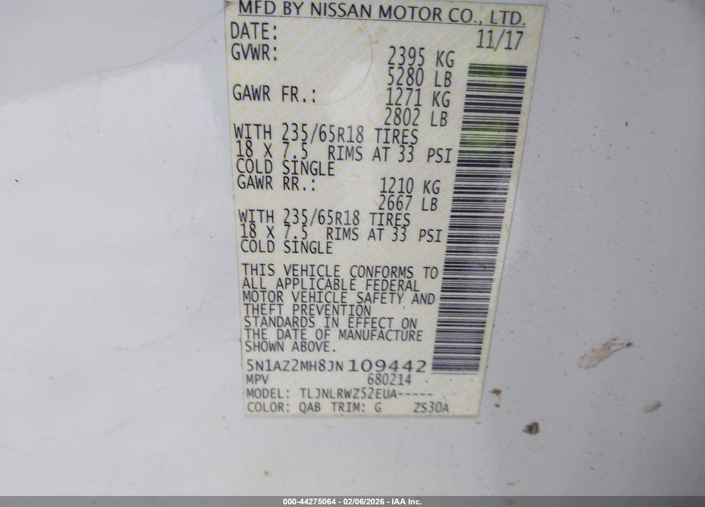 2018 NISSAN MURANO SL VIN: 5N1AZ2MH8JN109442