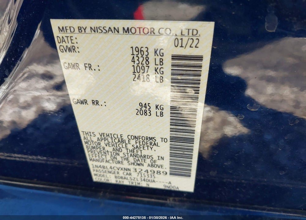 2022 NISSAN ALTIMA SR FWD VIN: 1N4BL4CVXNN324989