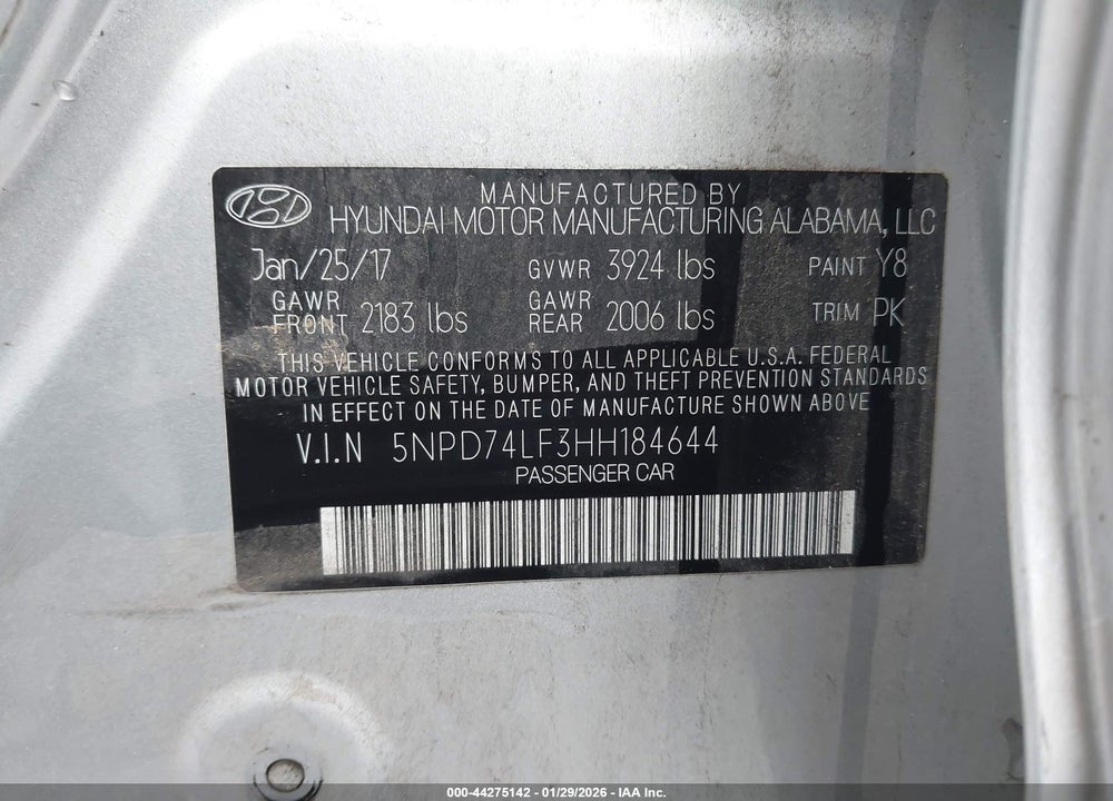 2017 HYUNDAI ELANTRA SE VIN: 5NPD74LF3HH184644