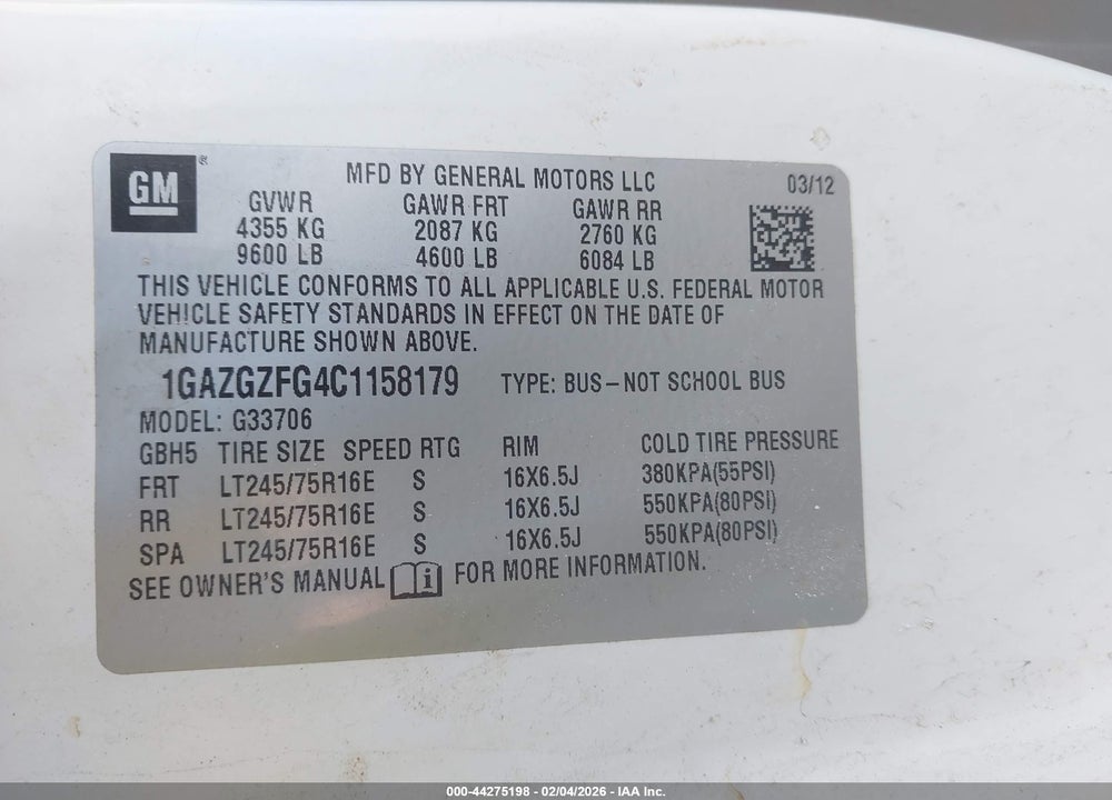 2012 CHEVROLET EXPRESS 3500 VIN: 1GAZGZFG4C1158179