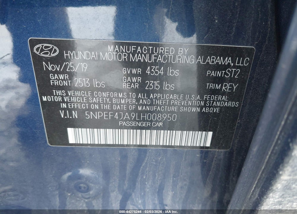 2020 HYUNDAI SONATA SEL VIN: 5NPEF4JA9LH008950