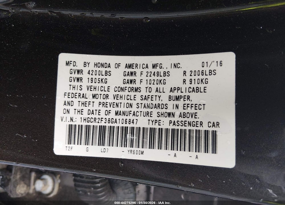 2016 HONDA ACCORD LX VIN: 1HGCR2F38GA106847