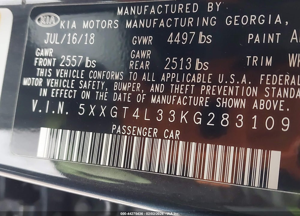 2019 KIA OPTIMA LX VIN: 5XXGT4L33KG283109