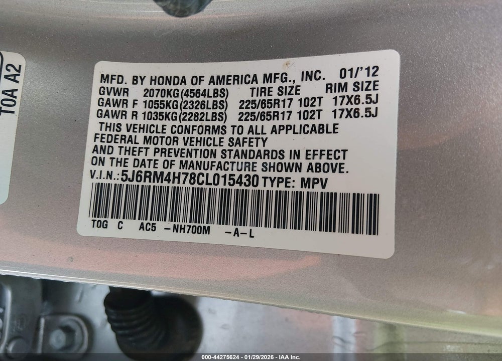 2012 HONDA CR-V EX-L VIN: 5J6RM4H78CL015430