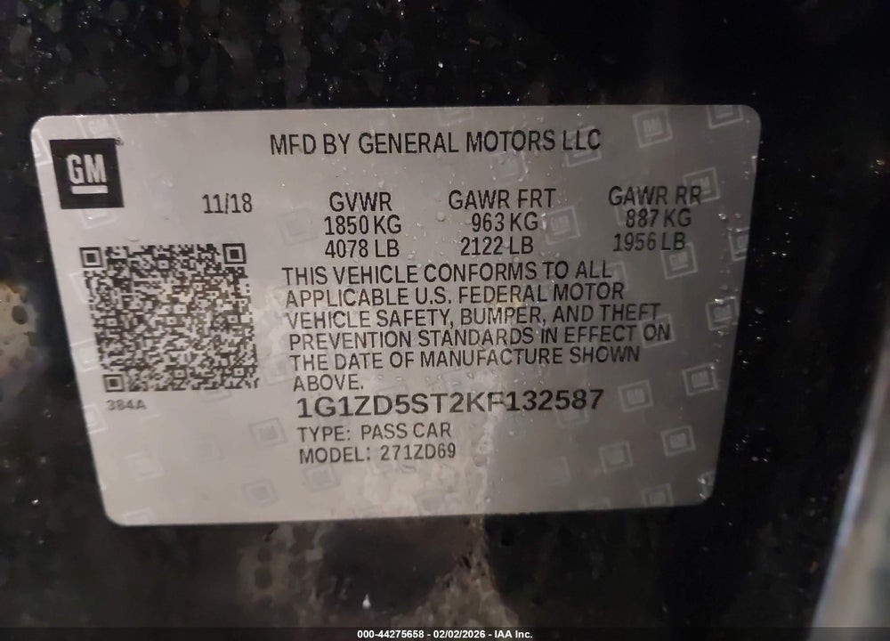 2019 CHEVROLET MALIBU LT VIN: 1G1ZD5ST2KF132587