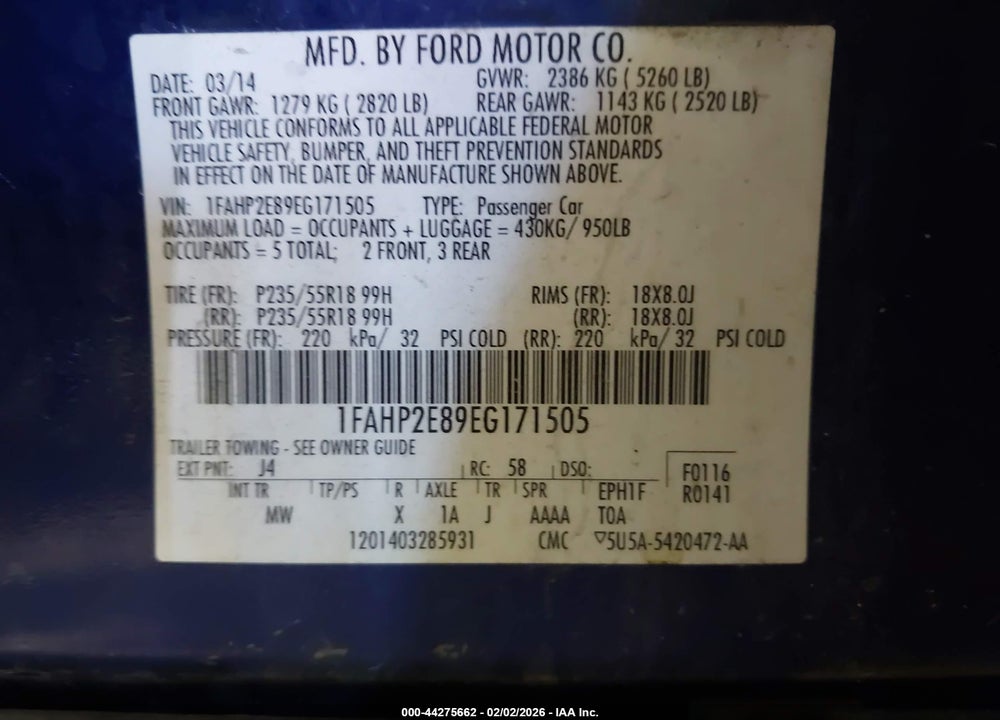 2014 FORD TAURUS SEL VIN: 1FAHP2E89EG171505