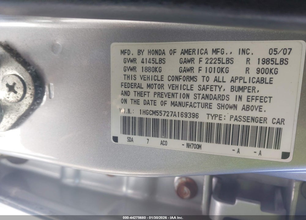 2007 HONDA ACCORD 2.4 EX VIN: 1HGCM55727A169396