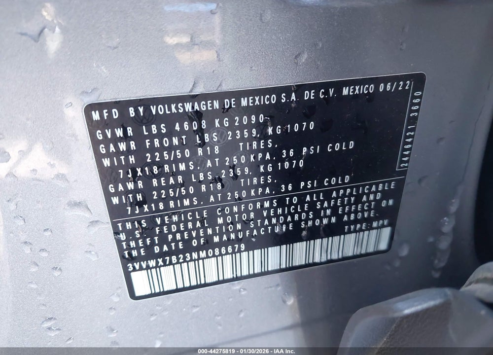 2022 VOLKSWAGEN TAOS 1.5T SE VIN: 3VVWX7B23NM086679