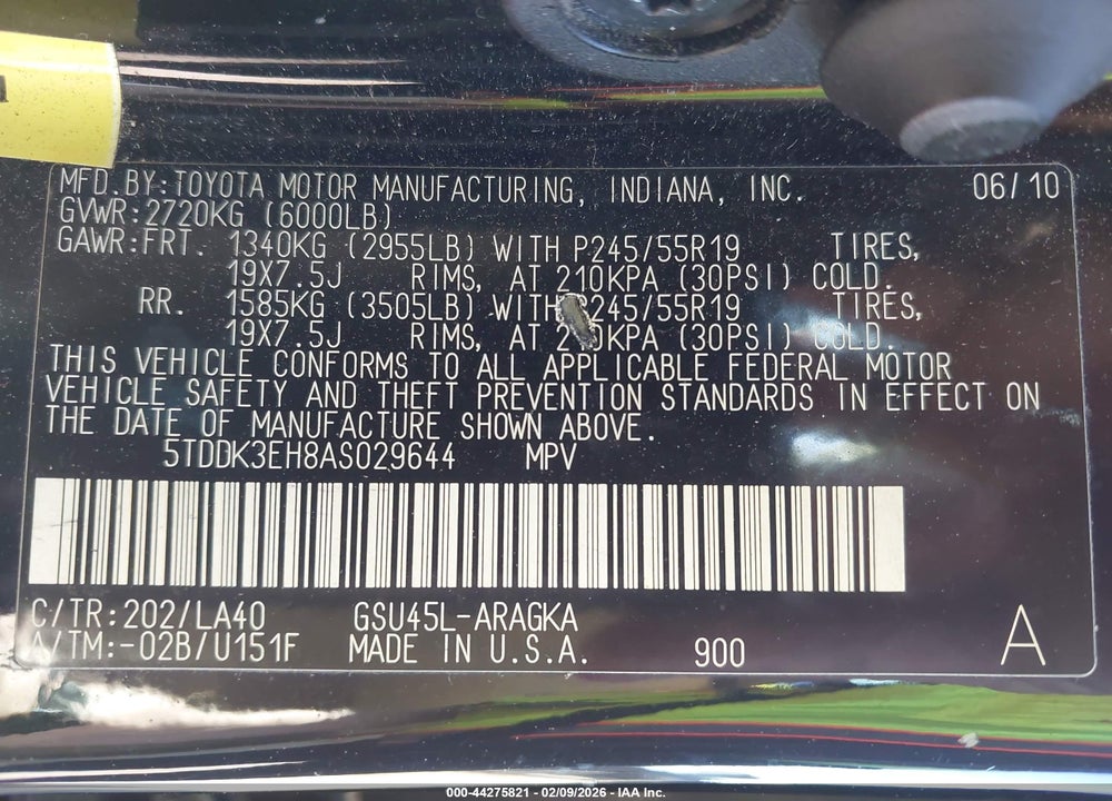 2010 TOYOTA HIGHLANDER LIMITED V6 VIN: 5TDDK3EH8AS029644