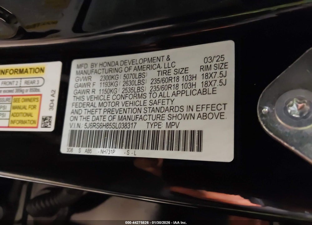 2025 HONDA CR-V HYBRID SPORT-L VIN: 5J6RS6H85SL038317