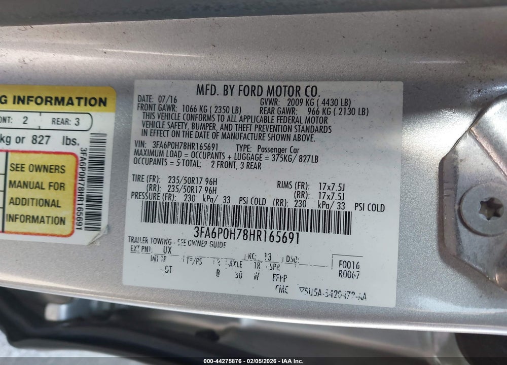 2017 FORD FUSION SE VIN: 3FA6P0H78HR165691